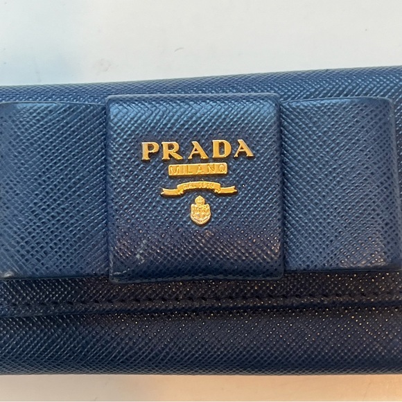 Prada Navy Blue & Gold Ribbon Bow Logo Small Wallet Key Case Holder Cardholder - Picture 3 of 12